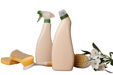 Spring cleaning, cleaning equipment and flowers, isolated on white background, PNG