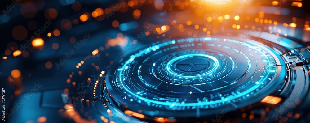 Poster futuristic technology core with glowing blue circuits and orange bokeh lights in a dark environment