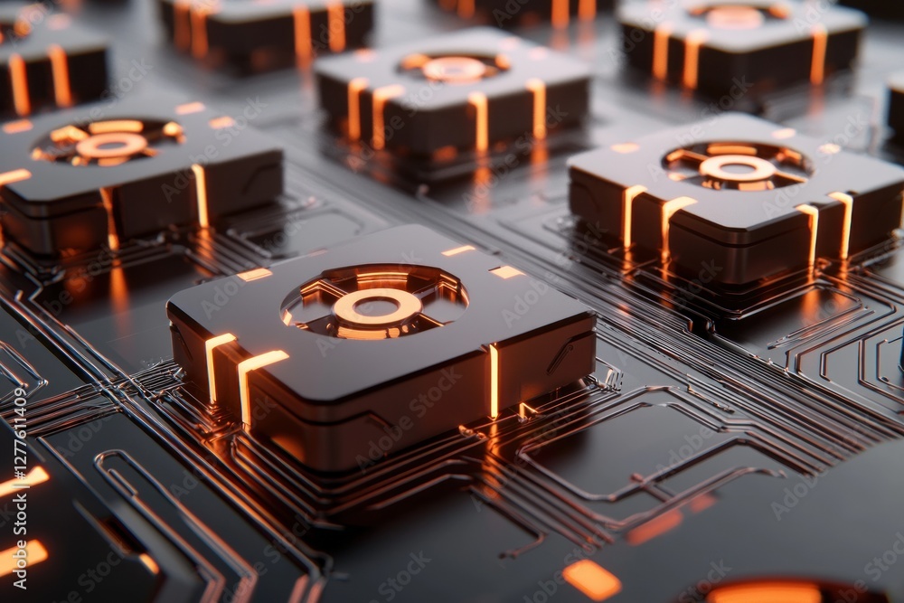 Aufkleber Futuristic Circuit Board with Glowing Orange Accents Depicting Advanced Technology and Innovation in a Dark Setting