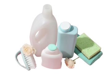 Spring cleaning, cleaning equipment and flowers, isolated on white background, PNG