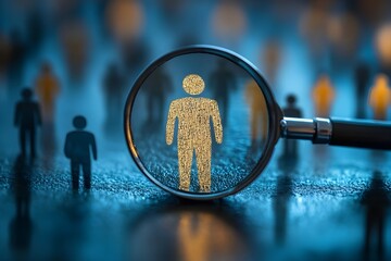 Illustration emphasizing individuality and selection in a group through a magnifying lens highlighting one figure.