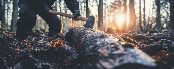 Logging activity in a peaceful forest during sunset with an axe striking a fallen tree