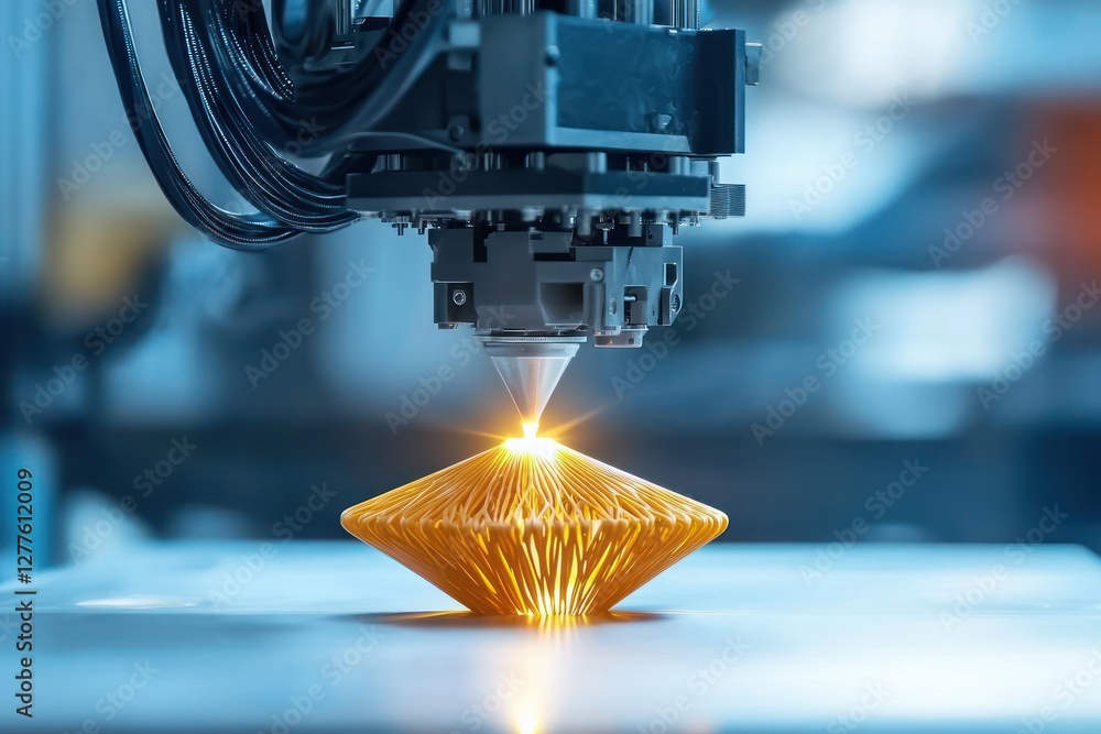 Poster Advanced 3D Printing Technology Creating Intricate Geometric Object in a Modern Industrial Setting with Precision and Innovation