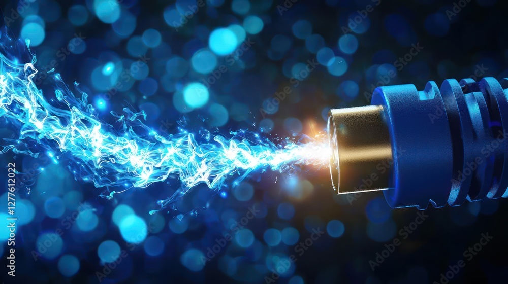 Poster Electric Blue Cable Connection with Dynamic Energy Flow on a Bokeh Background for High Speed Data Transfer and Network Connectivity