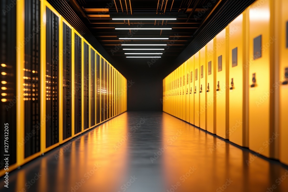 Poster Server room with yellow and black racks providing data storage and processing in a secure environment with modern lighting