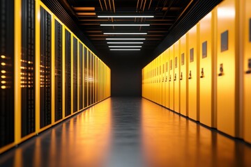 Server room with yellow and black racks providing data storage and processing in a secure environment with modern lighting