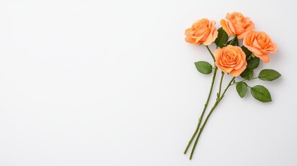 Obraz premium Fresh Orange Roses Bouquet on White Background with Green Leaves for Floral Arrangement