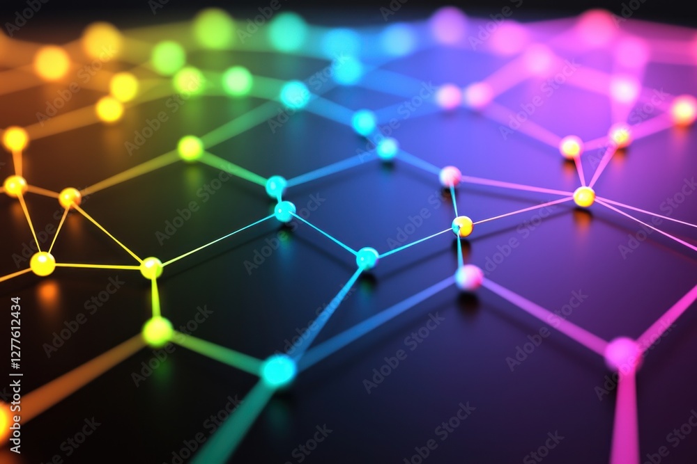 Poster Abstract network connection with colorful nodes on dark surface for science and technology background