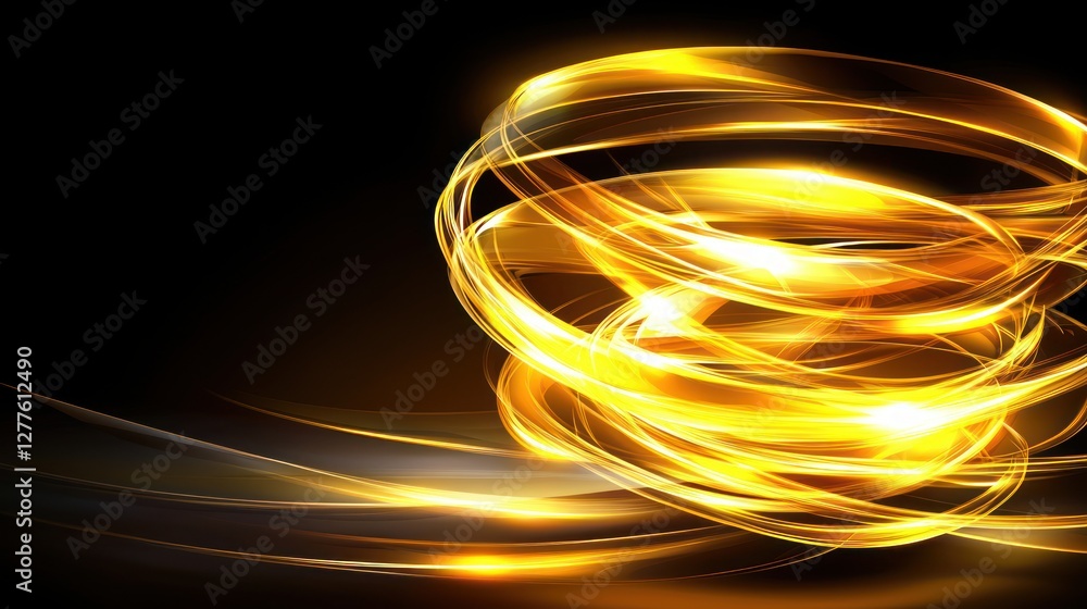 Fototapete Abstract golden light trails on black background creating dynamic movement and energy for modern design and futuristic concepts