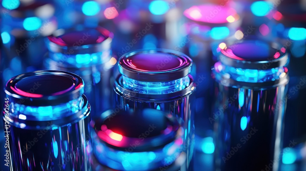 Aufkleber futuristic luminous cylinders with vibrant blue and pink hues reflecting in a dark background creati