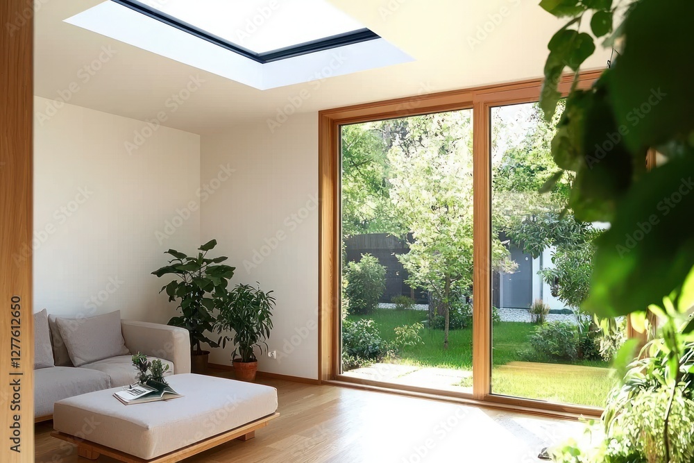 Aufkleber serene interior with natural light and garden view creating a peaceful and inviting atmosphere for r