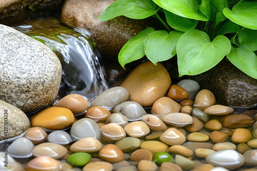 Aufkleber serene garden stream with smooth river stones and lush green foliage creating a tranquil zen atmosph
