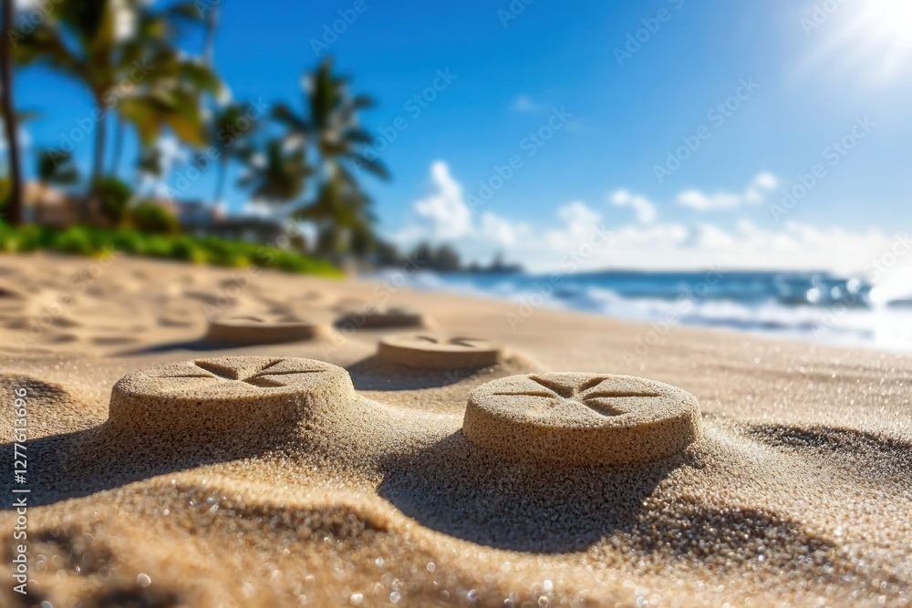 Aufkleber serene coastal scene of sandcastles on a sandy beach with palm trees and azure sky evoking tranquil 