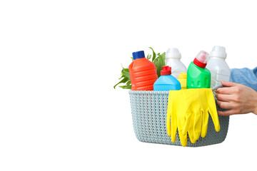 Spring cleaning, cleaning equipment and flower in basket in hands, isolated on white background, PNG