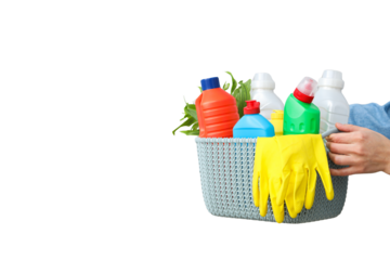 Spring cleaning, cleaning equipment and flower in basket in hands, isolated on white background, PNG