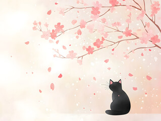 serene black cat sits under blooming sakura tree, surrounded by falling petals, evoking peaceful and elegant atmosphere
