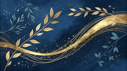 Deep Navy Blue Background with Elegant Gold Foil Brush Strokes and Subtle Sparkles rich and luxurious deep navy blue background adorned with sweeping gold foil brush strokes that glisten