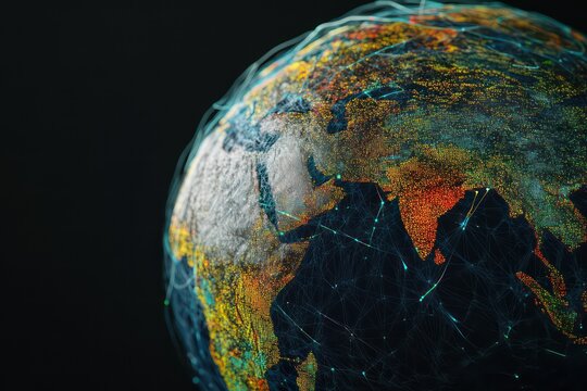 A digital globe showing real-time big data flow, with interconnected data systems and cloud services processing information globally.