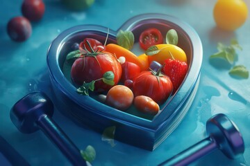 A digital illustration of a heart-shaped dish with vibrant fresh produce, alongside 3D-rendered dumbbells, symbolizing the fusion of diet and exercise