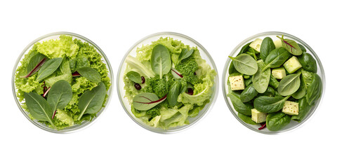 three bowls of vegan salad with lettuce and spun png