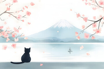 serene scene featuring black cat sitting by tranquil lake, with Mount Fuji in background and cherry blossoms framing view. atmosphere is peaceful and reflective
