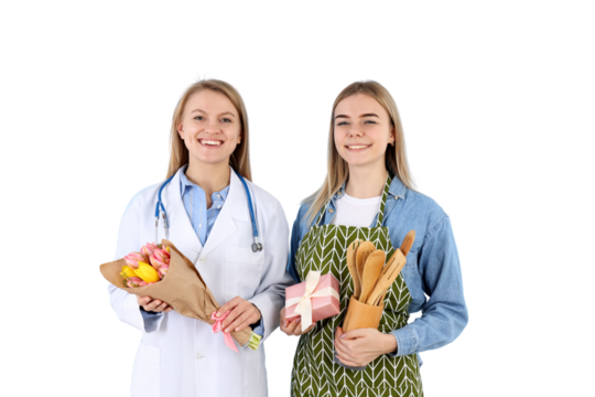 PNG, March 8. Doctor and chef with gifts for the holiday, isolated on a white background.