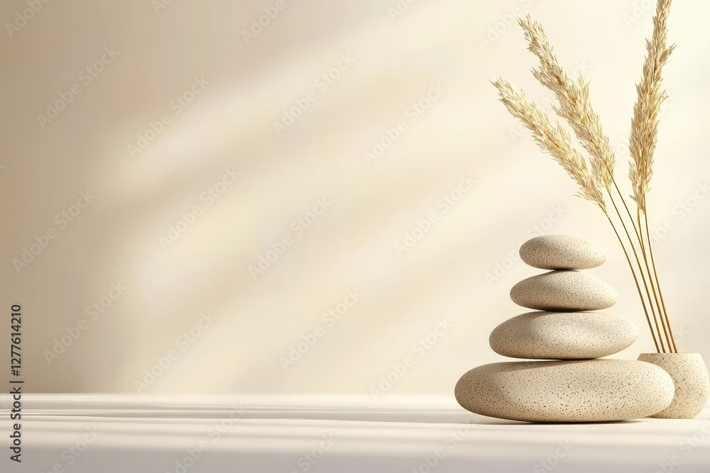 Aufkleber serene zen stones stacked with dry wheat on a minimalist beige background creating a calming and pea