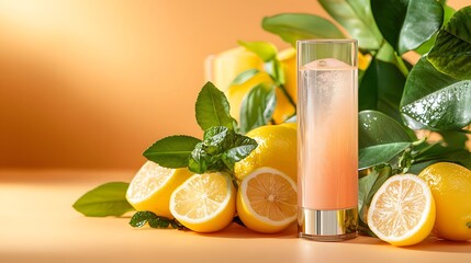 A photograph showcasing a shimmering waterproof highlighter stick standing next to a sun kissed glass of lemonade with ample copy space for text overlay or branding