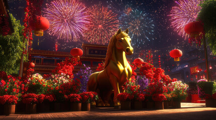A golden horse, symbolizing strength and prosperity, surrounded by red lanterns and flowers, with colorful fireworks lighting up the night sky to celebrate the Year of the Horse.