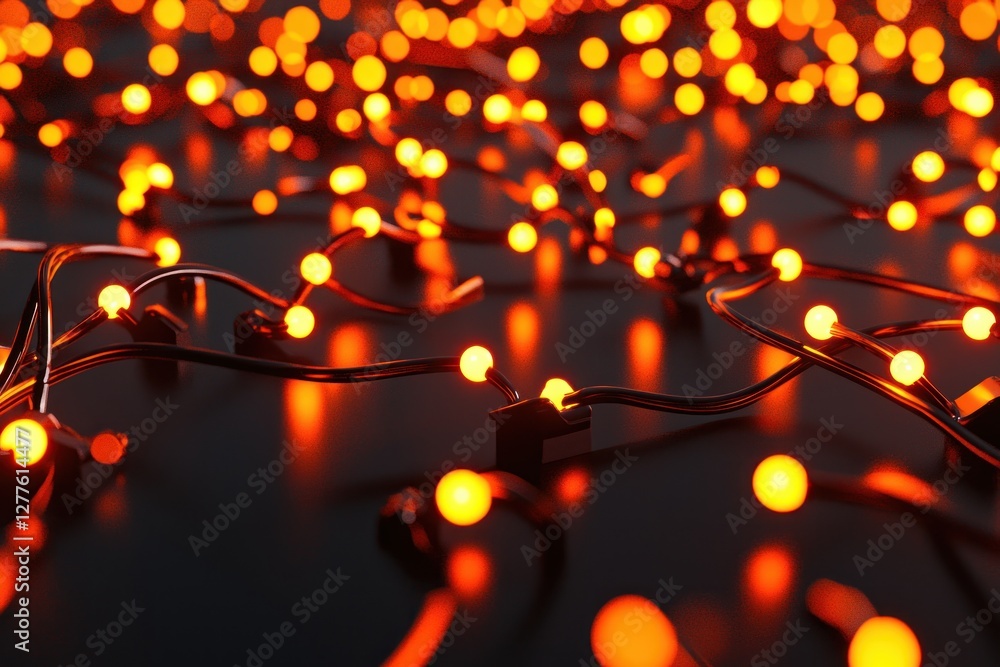 Fototapete Warm Glowing String Lights on Dark Surface Creating a Festive and Cozy Atmosphere with Soft Bokeh Background