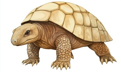 Fototapeta premium Detailed illustration of a tortoise walking on a white background, showcasing its unique shell and features