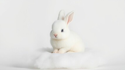 Obraz premium Adorable bunny perched on fluffy white cloud, looking sweet and peaceful, white, little, fluffy