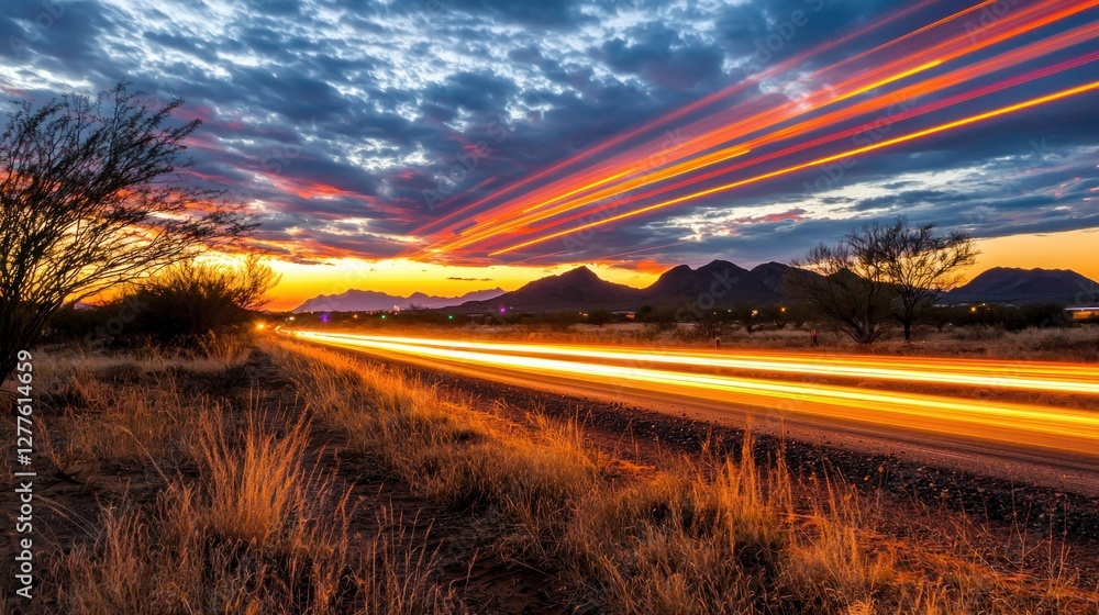 Poster dramatic sunset over desert landscape with light trails of passing cars creating dynamic motion blur
