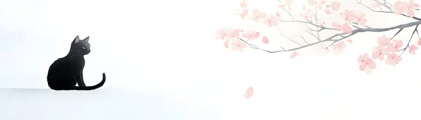 Fototapeta premium serene black cat sits gracefully against soft background, surrounded by delicate cherry blossom petals. tranquil scene evokes sense of calm and beauty