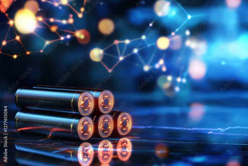 Poster Innovative energy storage solution showcasing advanced battery technology with interconnected network background and futuristic design