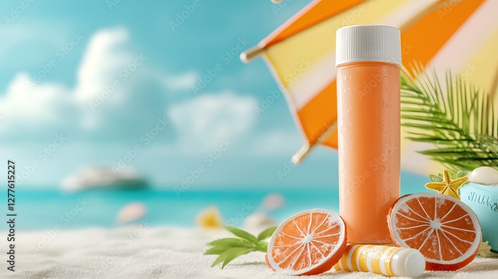 Poster a photograph showcasing a beach proof lip balm with spf protection resting on a folded sun umbrella 