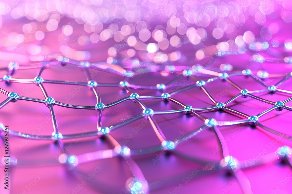 Aufkleber Abstract network connection with metallic nodes on radiant pink surface for technology and science background with bokeh lights