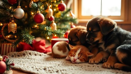 Adorable kitten and puppies sleeping peacefully by a beautifully decorated Christmas tree, festive warmth and coziness captured, season, coziness, festive