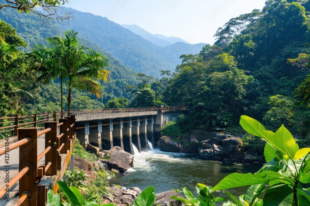 Aufkleber scenic tropical landscape featuring a bridge over a river with lush vegetation and distant mountains