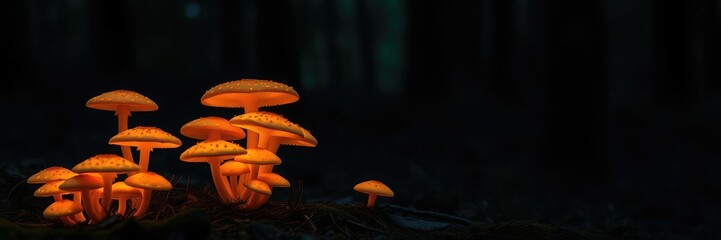 A cluster of luminescent orange mushrooms glow softly in a dark forest clearing, ambient, environment, fungi