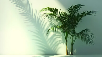 Tall Green Palm by Yellow Wall with Sunlit Shadows