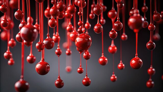 A cluster of red slime droplets suspended in mid-air on a dark background, red, droplets, slime blob, floating, gory texture