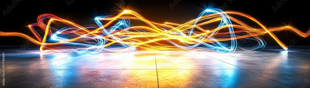 Poster Dynamic energy trails of light painting creating abstract patterns on a reflective surface with a dark background
