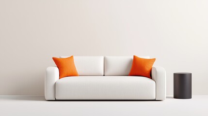Modern White Sofa with Orange Cushions Against a Minimalist Background