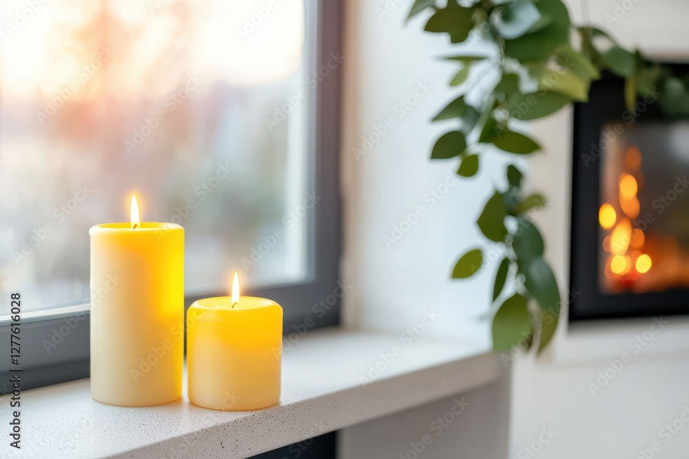 Aufkleber serene ambiance created by glowing candles on a windowsill with a blurred fireplace and lush plant a