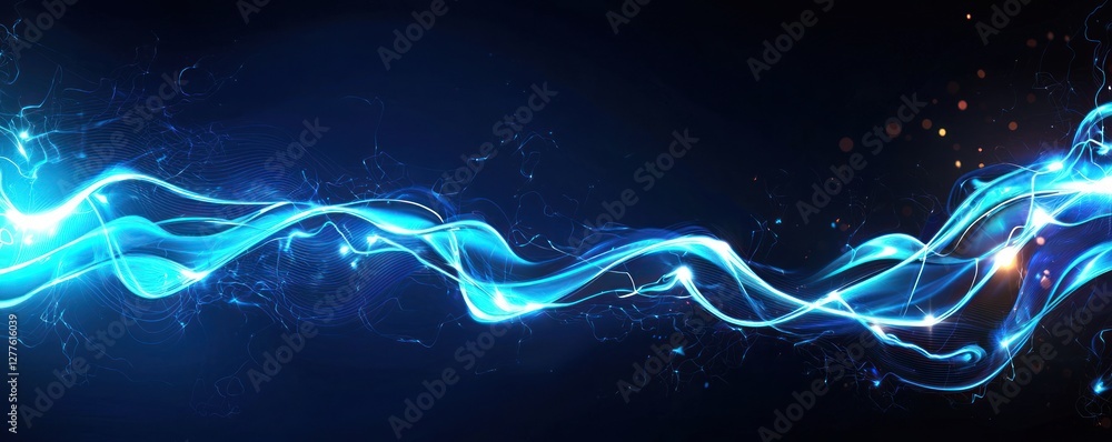 Poster Vivid electric blue energy waves flow across a dark backdrop creating a dynamic futuristic design with sparks and light