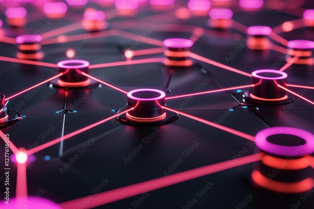 Poster Futuristic Network Connection with Glowing Nodes and Laser Beams in a Dark Abstract Environment for Technology and Innovation