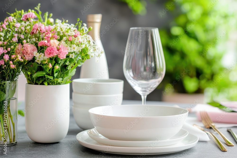 Poster Elegant table setting with floral arrangements and white dinnerware creating a serene and inviting atmosphere for a special occasion