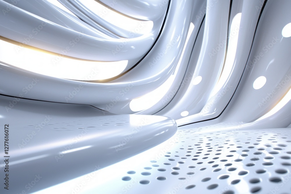 Poster Abstract white futuristic interior design with curved lines and perforated surface modern architecture and bright light creative concept