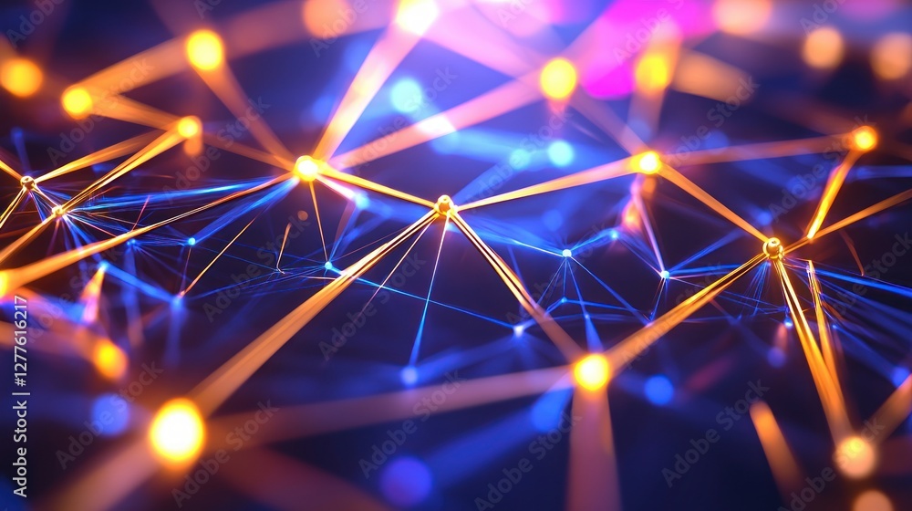 Poster Abstract Network Connection with Glowing Nodes and Lines on Dark Blue Background Futuristic Technology Neural Network Artificial Intelligence and Data Transmission